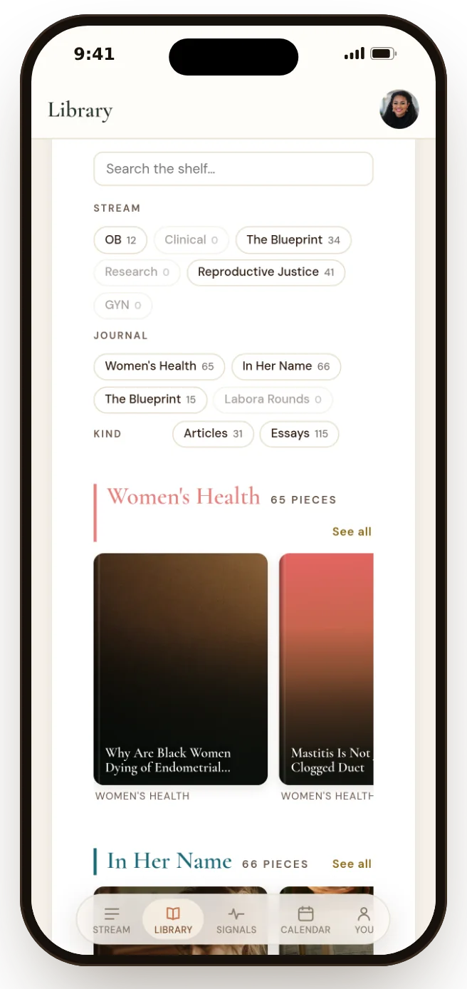 The Library: Every piece, journal and playbook, shelved so you can find it again.