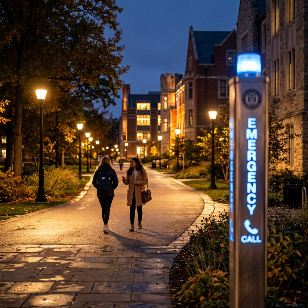 University campus walkway at twilight with emergency call station