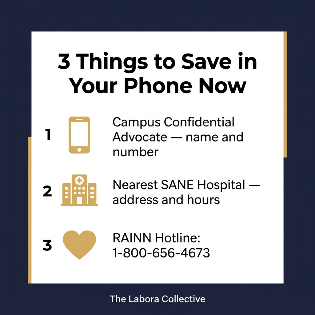 Infographic: 3 Things to Save in Your Phone Now — Campus Confidential Advocate, Nearest SANE Hospital, RAINN Hotline