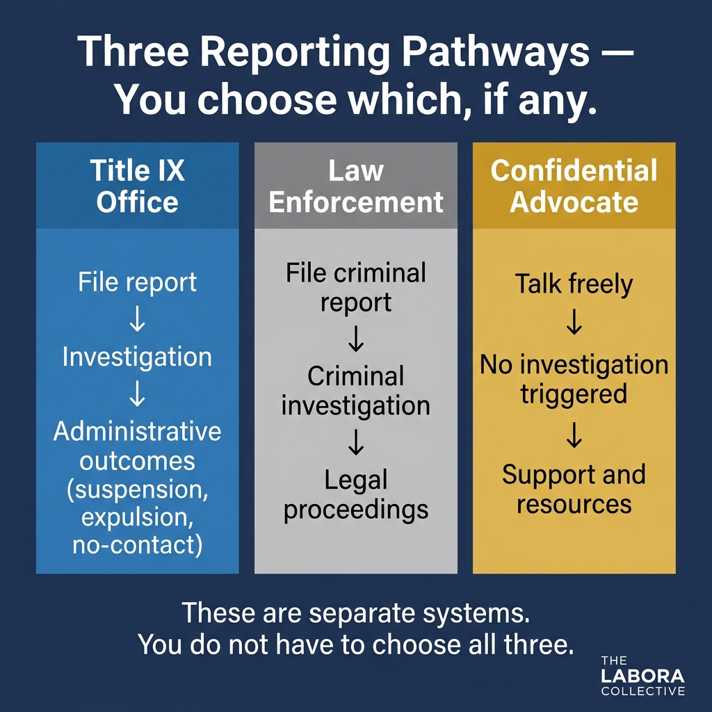 Three parallel reporting pathways: Title IX Office, Law Enforcement, and Confidential Advocate